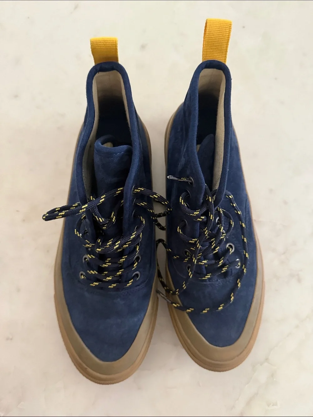 SeaVees Navy Suede Chukka Boots with Yellow Accents